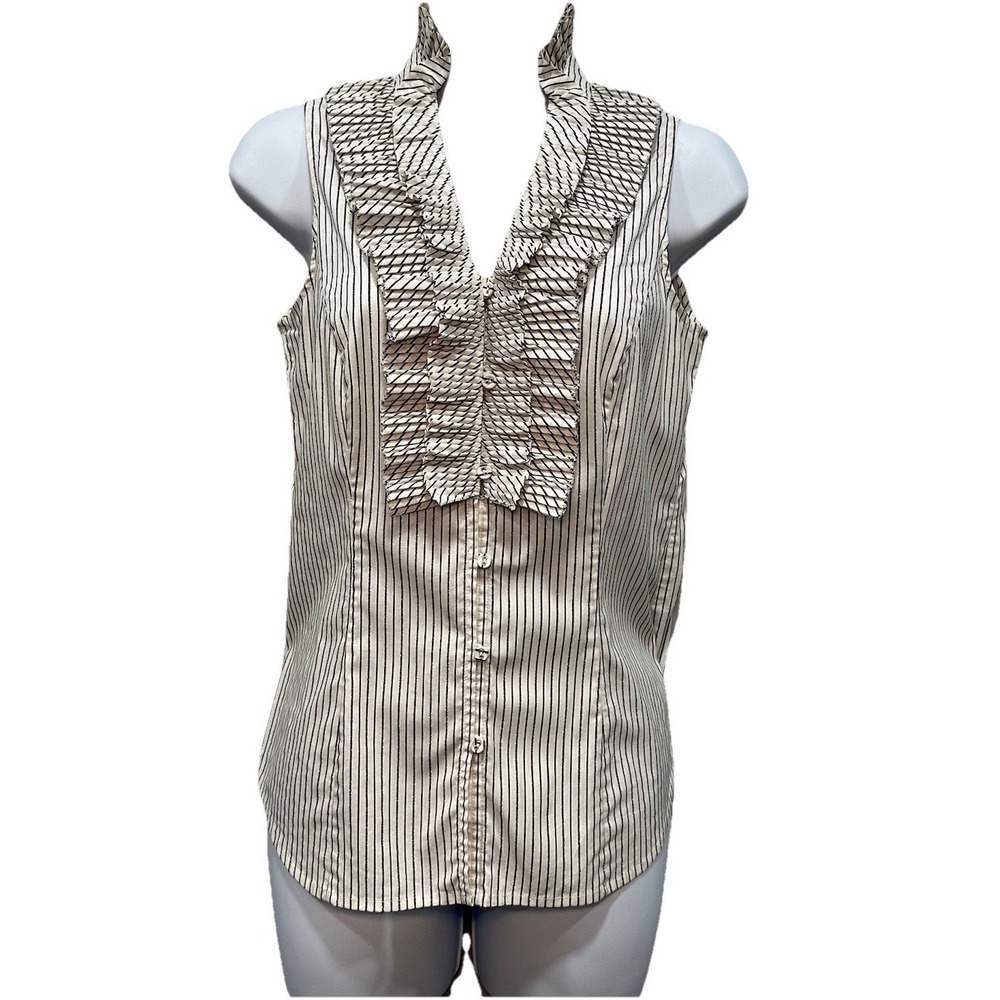 White House Black Market Women Blouse Size2 Sleeveless Ruffle Neck Button Front